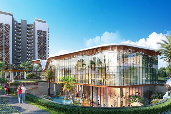 Illuminated arrival court at dusk